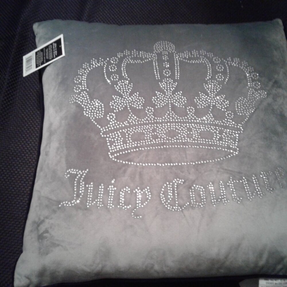 NEW!  (1) Juicy Couture Velvet Grey Crown Rhinestone Pillow